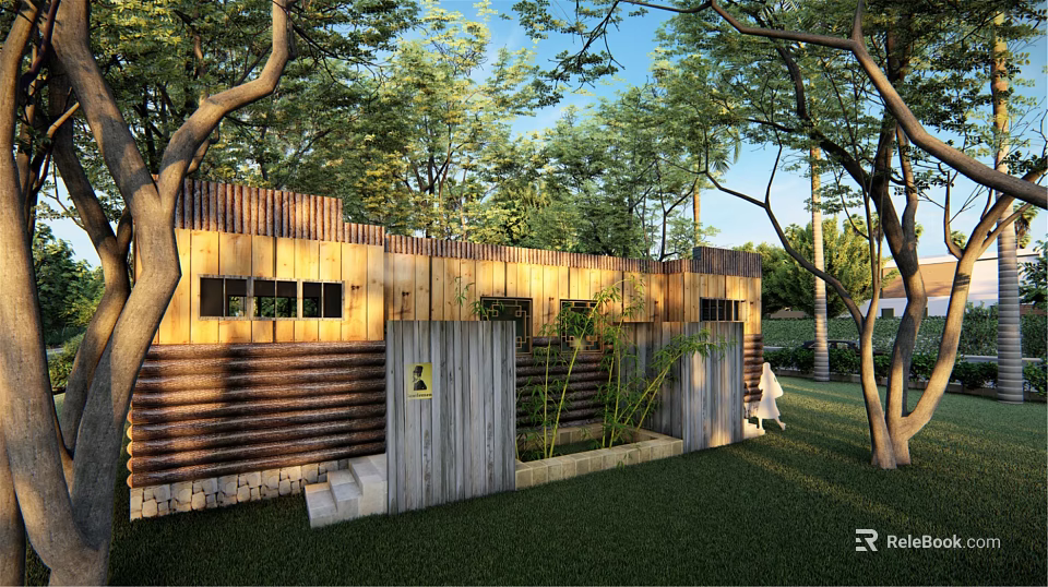 Natural Style Wooden Cabin Surrounded by Trees With Lawn and Green Plants 3d model 