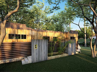 Natural Style Wooden Cabin Surrounded by Trees With Lawn and Green Plants 3d model