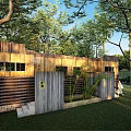 Natural Style Wooden Cabin Surrounded by Trees With Lawn and Green Plants
