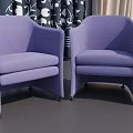 Two Purple Armchairs In Room With Black And White Patterned Curtains Beige Curtains Dark Floor