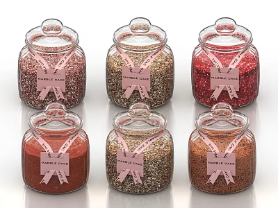 Transparent Glass Spice Jars With Lids And Pink Labels Containing Various Colored Spices 3d model