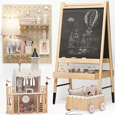 Colorful Musical Instruments and Art Supplies Kit with Wooden Easel Paints and Brushes 3d model
