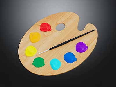 Wooden Art Palette With Colorful Paint Pigments And Paintbrush For Daily Use 3d model