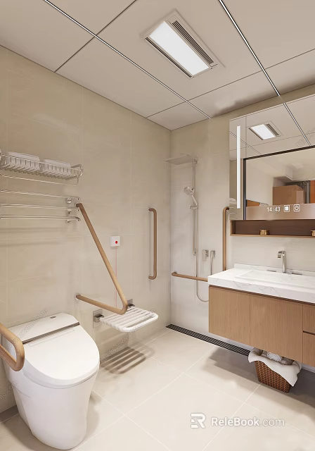 Essential Bathroom Accessories With Grab Bars Towel Rack Mirror And Tile Wall Shower Area 3d model 