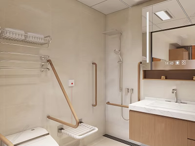 Essential Bathroom Accessories With Grab Bars Towel Rack Mirror And Tile Wall Shower Area 3d model
