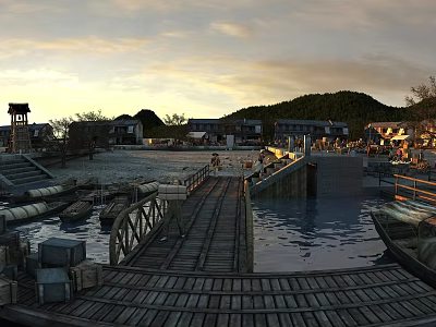 Riverside Ancient Architecture Scene With Wooden Plank Walkway Boats And Distant Hills At Sunset 3d model