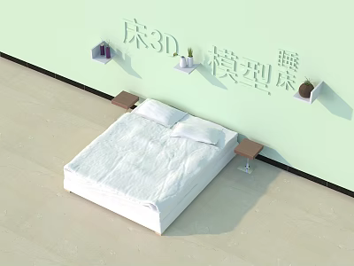 Double Bed 3D Model With White Bed Sheet Light Green Wall And Bedside Tables 3d model