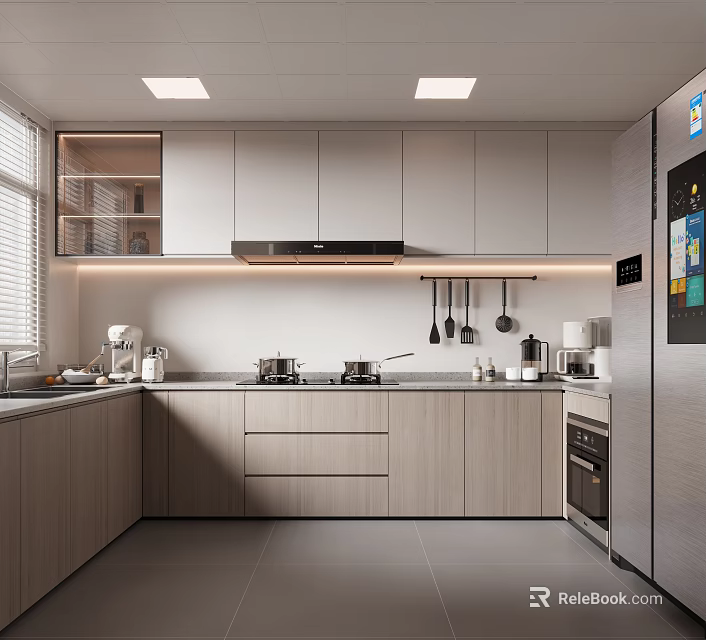 Modern Kitchen Interior With Wooden Gray Cabinets Silver Refrigerator Hanging Utensils And Window 3d model 