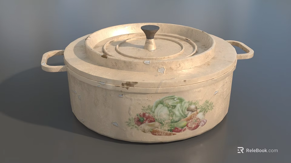 Cream Colored Cooking Pot With Lid Double Handles And Hand Painted Vegetable Design 3d model 