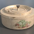 Cream Colored Cooking Pot With Lid Double Handles And Hand Painted Vegetable Design