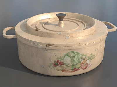 Cream Colored Cooking Pot With Lid Double Handles And Hand Painted Vegetable Design 3d model