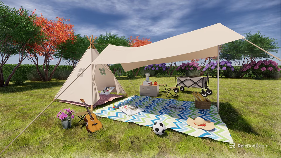 Cozy Tipi Tent For Outdoor Leisure With Canopy Picnic Blanket And Guitar On Grass 3d model 