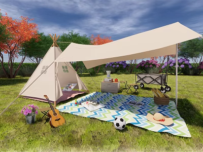 Cozy Tipi Tent For Outdoor Leisure With Canopy Picnic Blanket And Guitar On Grass 3d model
