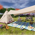 Cozy Tipi Tent For Outdoor Leisure With Canopy Picnic Blanket And Guitar On Grass
