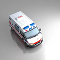 White Ambulance Vehicle With Red And Blue Stripes And Roof Emergency Lights
