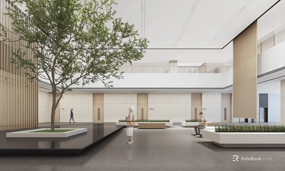 Modern Lobby Interior Design With Green Tree People Benches And Wooden Accents 3d model 