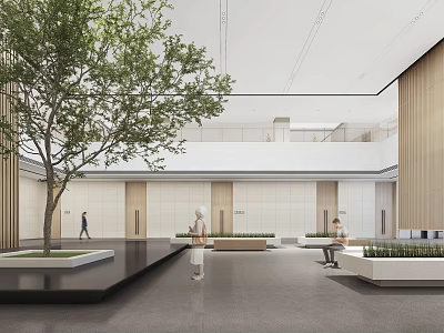 Modern Lobby Interior Design With Green Tree People Benches And Wooden Accents 3d model