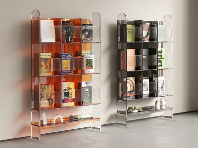 Modern Bookshelf With Metal Frame Glass Shelves Colorful Books And Decorative Items 3d model