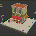 Charming Two Story Building Featuring Orange Roof Red Awning Outdoor Tables Chairs And Street Lamps