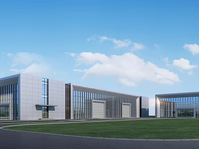 Modern Industrial Factory Exterior with Glass Walls Gray Metal Texture Lawn Blue Sky White Clouds 3d model