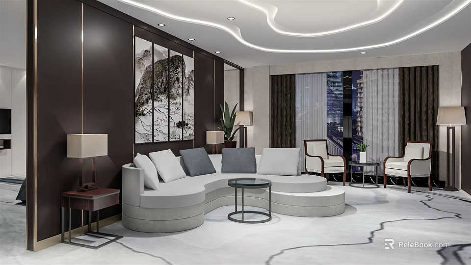 Modern Hotel Guest Room Curved Sofa with White Gray Cushions Decorative Painting City View Window 3d model 