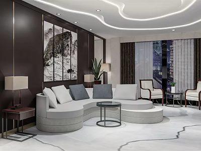 Modern Hotel Guest Room Curved Sofa with White Gray Cushions Decorative Painting City View Window 3d model