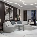 Modern Hotel Guest Room Curved Sofa with White Gray Cushions Decorative Painting City View Window