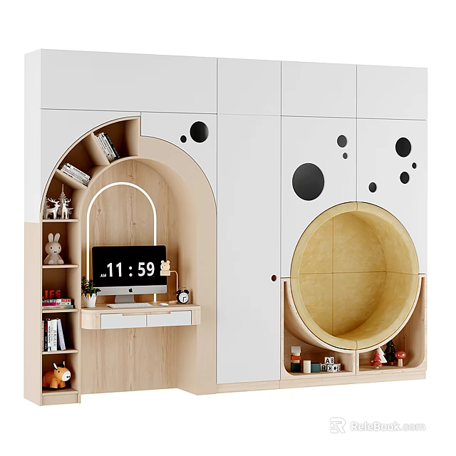 Modern White And Wooden Bookcase With Circular Cutouts Open Compartments Desk Area And Decorative Displays 3d model 