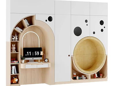 Modern White And Wooden Bookcase With Circular Cutouts Open Compartments Desk Area And Decorative Displays 3d model