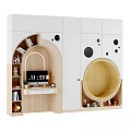 Modern White And Wooden Bookcase With Circular Cutouts Open Compartments Desk Area And Decorative Displays