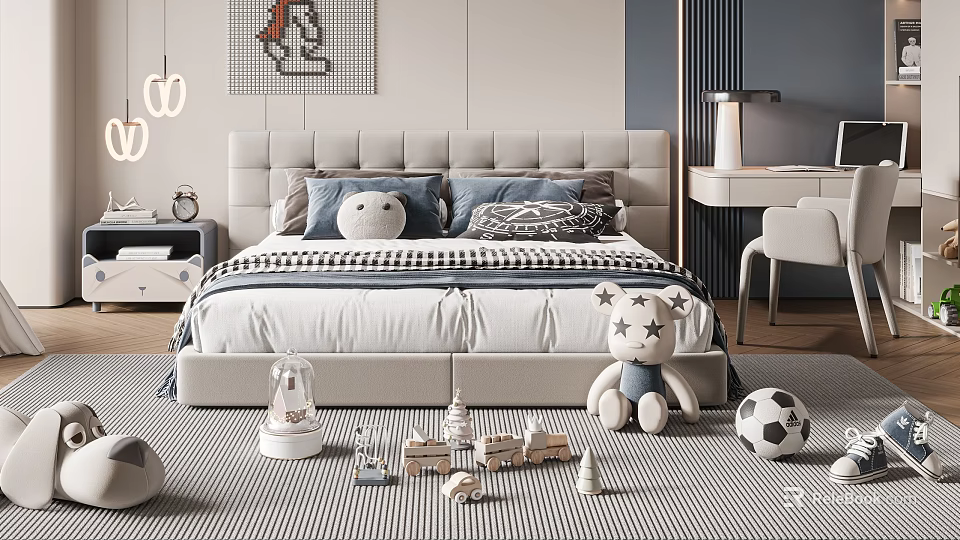 Kids Bed With Stuffed Toys Soccer Ball Building Blocks Table Lamp And Striped Rug 3d model 