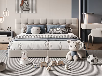 Kids Bed With Stuffed Toys Soccer Ball Building Blocks Table Lamp And Striped Rug 3d model