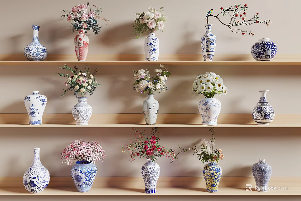 Blue and White Ceramic Vases with Assorted Fresh Flowers Arranged on Wooden Shelves 3d model 