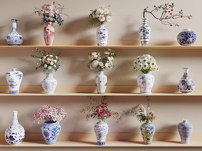 Blue and White Ceramic Vases with Assorted Fresh Flowers Arranged on Wooden Shelves 3d model