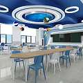 School Space Exploration Classroom With Blue White Design Ceiling Planet Decorations Tables Chairs 3d model