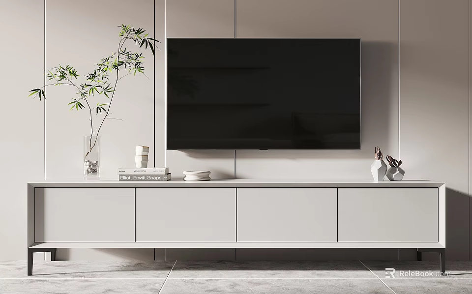Modern White TV Stand With Decorative Items Green Plant And Wall Mounted TV 3d model 