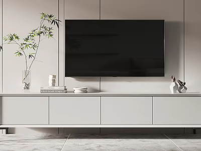 Modern White TV Stand With Decorative Items Green Plant And Wall Mounted TV 3d model