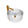 Round Transparent Ribbed Design Wash Basin With Copper Faucet And Gold Drain