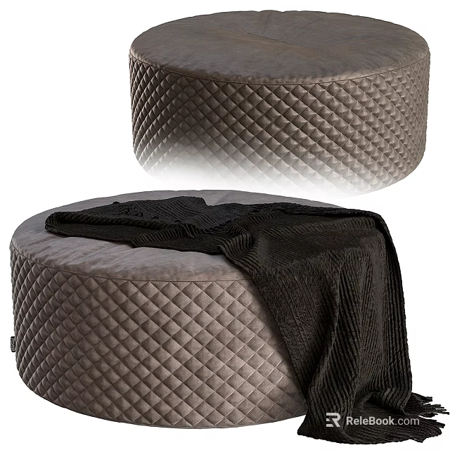 Round Gray Ottoman With Quilted Diamond Pattern And Black Blanket 3d model 