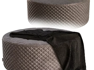 Round Gray Ottoman With Quilted Diamond Pattern And Black Blanket 3d model