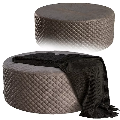 Round Gray Ottoman With Quilted Diamond Pattern And Black Blanket 3d model