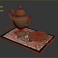 Ornate Brass Teapot On Red Patterned Tray With Golden Border For Home Decor