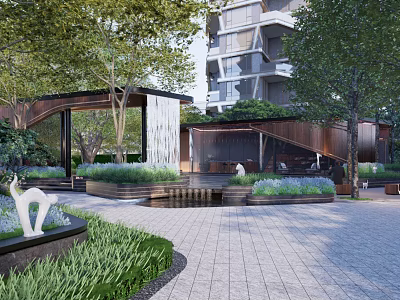 Residential Landscape Design With Modern Building Greenery Water Feature And Paved Walkway 3d model