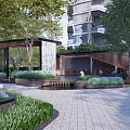 Residential Landscape Design With Modern Building Greenery Water Feature And Paved Walkway