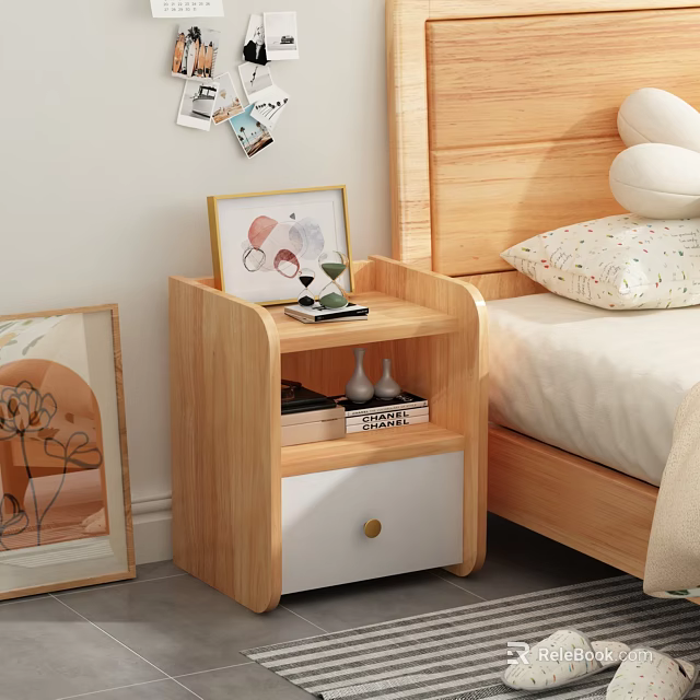 Modern Wooden Nightstand with White Drawer and Gold Handle in Bedroom with Photo Frame Decor 3d model 