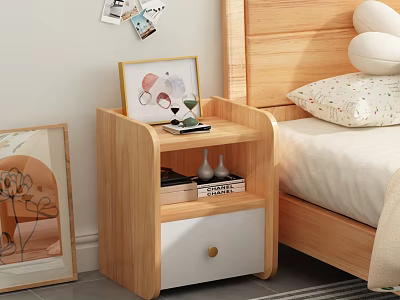 Modern Wooden Nightstand with White Drawer and Gold Handle in Bedroom with Photo Frame Decor 3d model