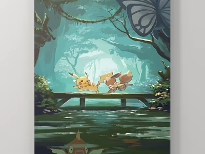 Abstract Painting Featuring Pikachu and Eevee on Wooden Bridge in Forest with Water and Butterfly 3d model