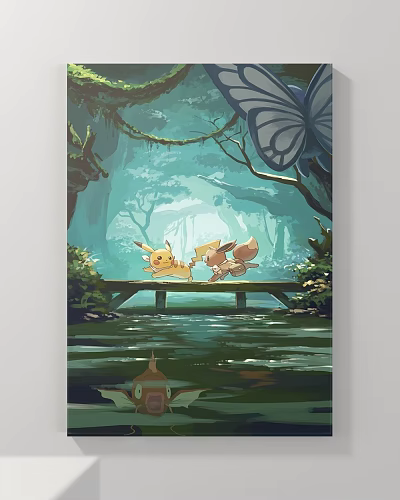 Abstract Painting Featuring Pikachu and Eevee on Wooden Bridge in Forest with Water and Butterfly 3d model