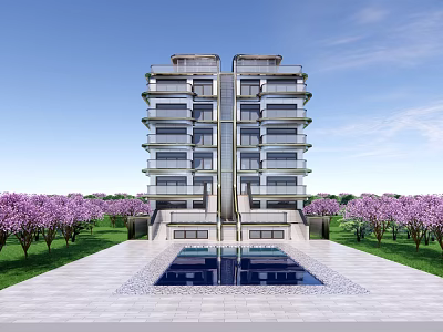 Modern Multi Storey Duplex Villa With Swimming Pool Purple Flower Trees And Lawn 3d model