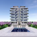 Modern Multi Storey Duplex Villa With Swimming Pool Purple Flower Trees And Lawn